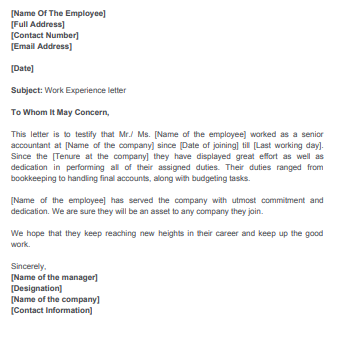 Accountant Experience Letter Format
