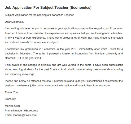 job application letter for teaching